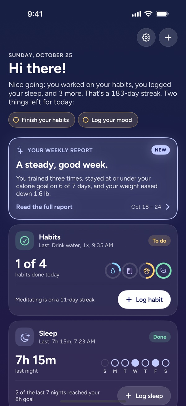 Trackr 2.0 app — Home, with every tracker and the weekly report at a glance