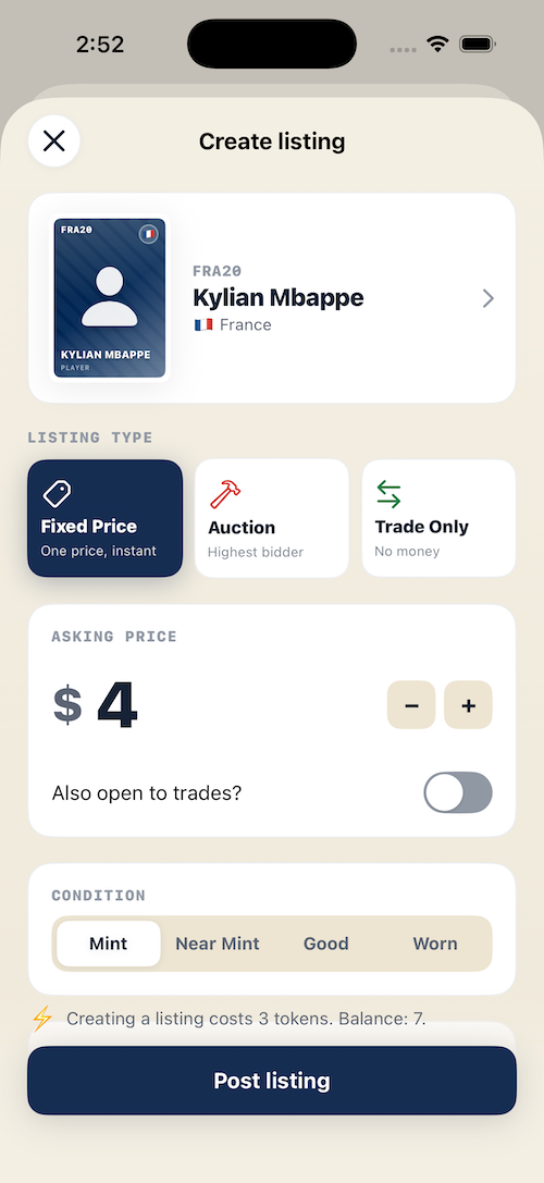 Place a bid screen on the Lionel Messi auction