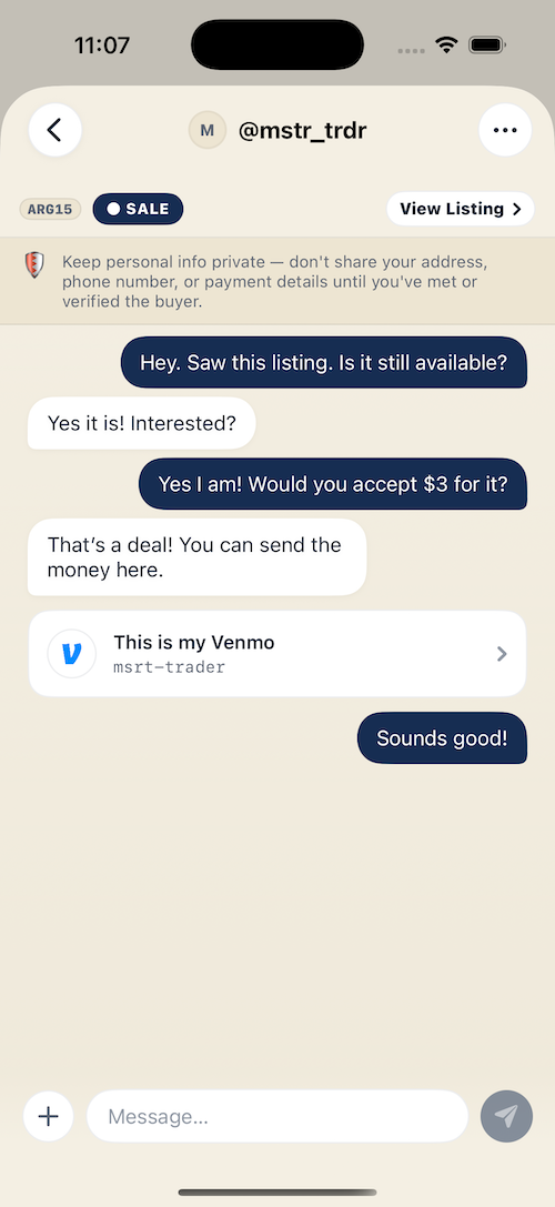 In-app chat sharing a Venmo handle to complete a sale