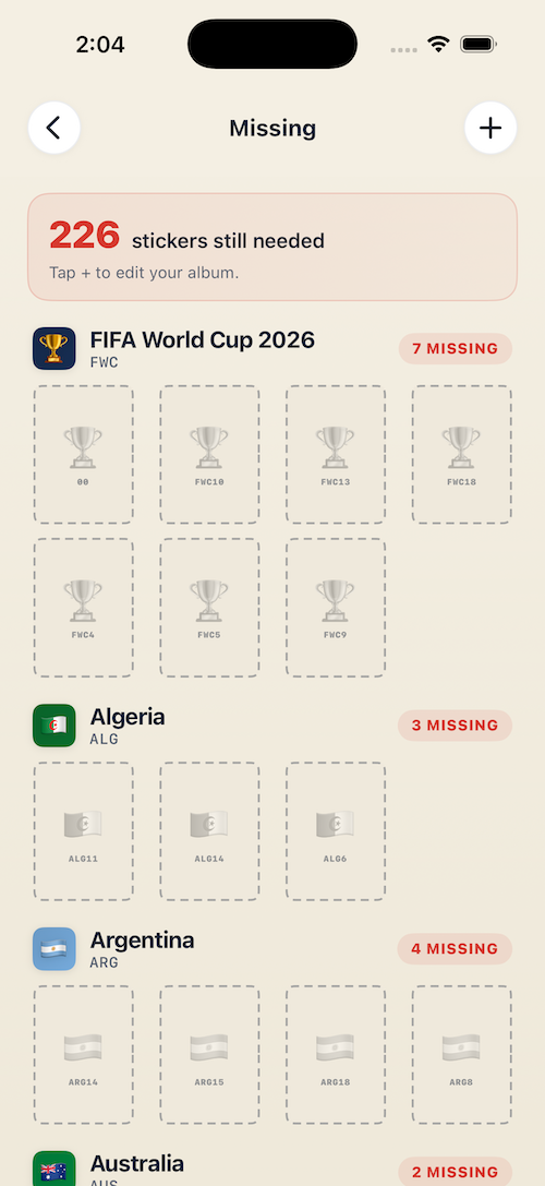 Missing stickers screen showing 226 stickers still needed