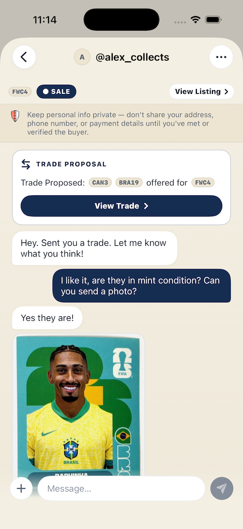 Chat thread with an embedded trade proposal card