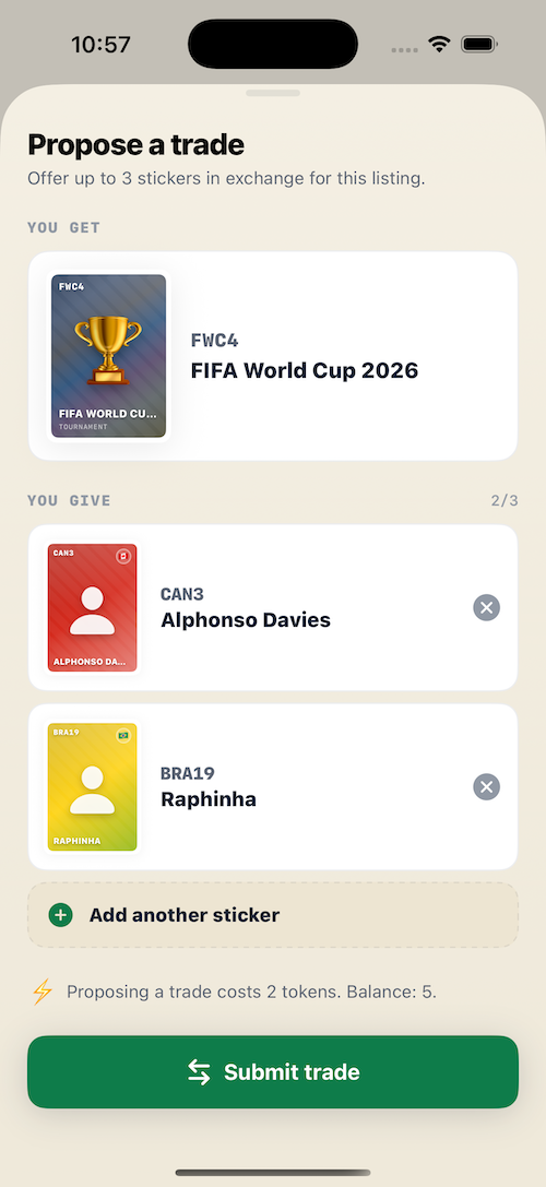 Propose a trade screen offering two stickers for FWC4