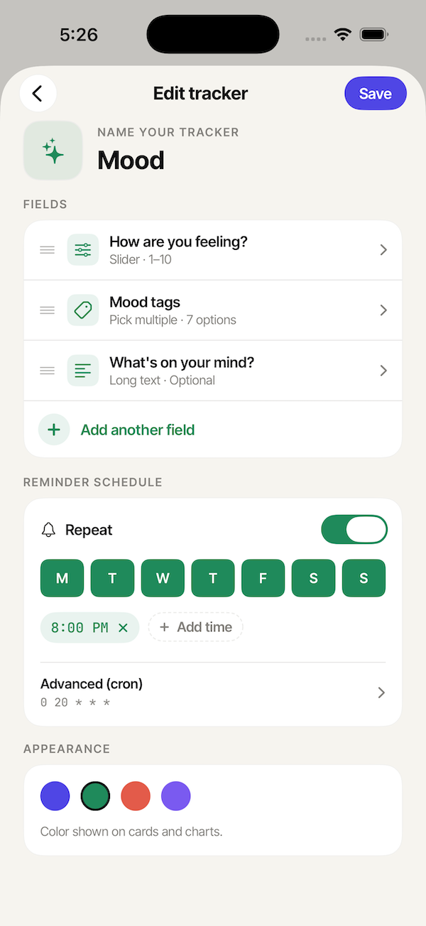Building a mood tracker in Trackr with slider, tags and notes