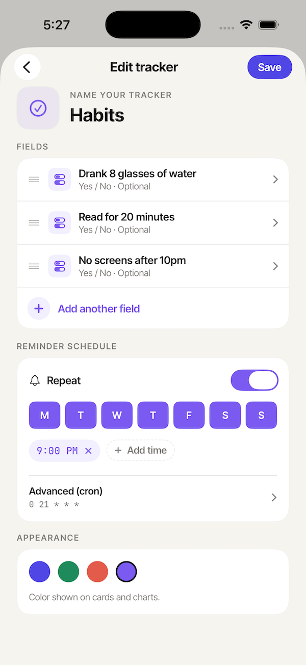 Building a habit tracker in Trackr with three yes/no toggles