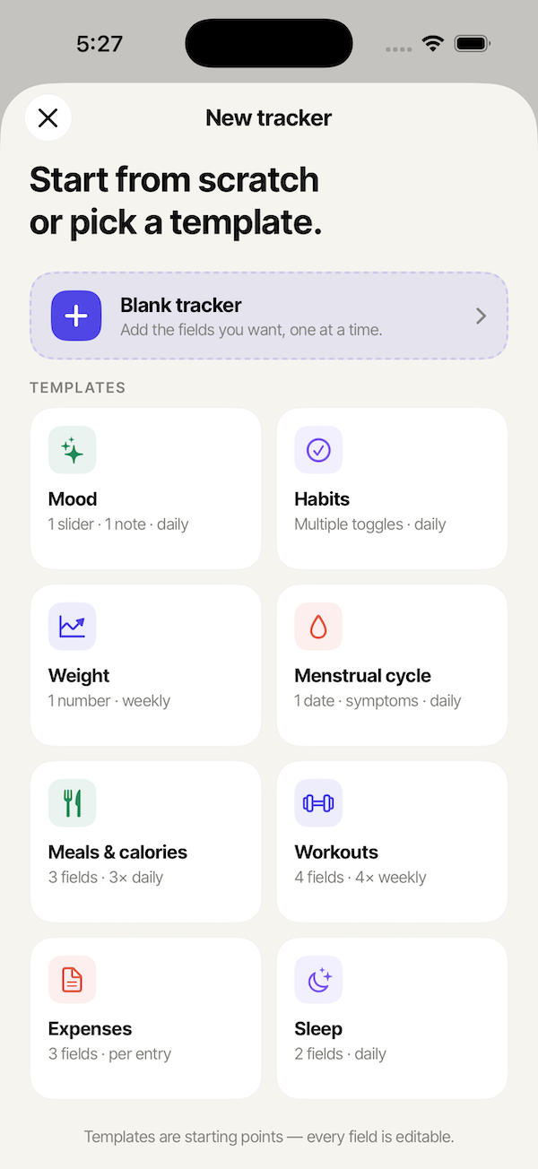 Trackr templates picker — Mood, Habits, Weight, Cycle, Meals, Workouts, Expenses and Sleep tracker templates