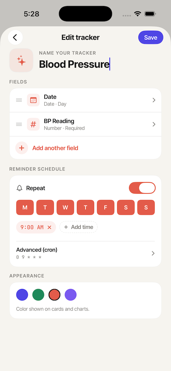 Building a blood pressure tracker in Trackr with a date and required number field